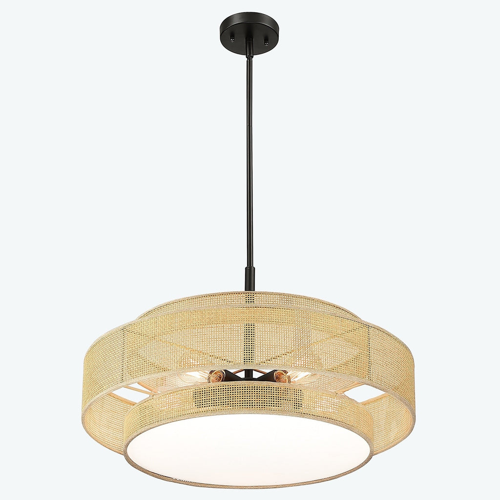 Luminaire à suspension à 5 lumières en forme de tambour noir de style côtier avec abat-jour double en rotin - 61 cm de largeur