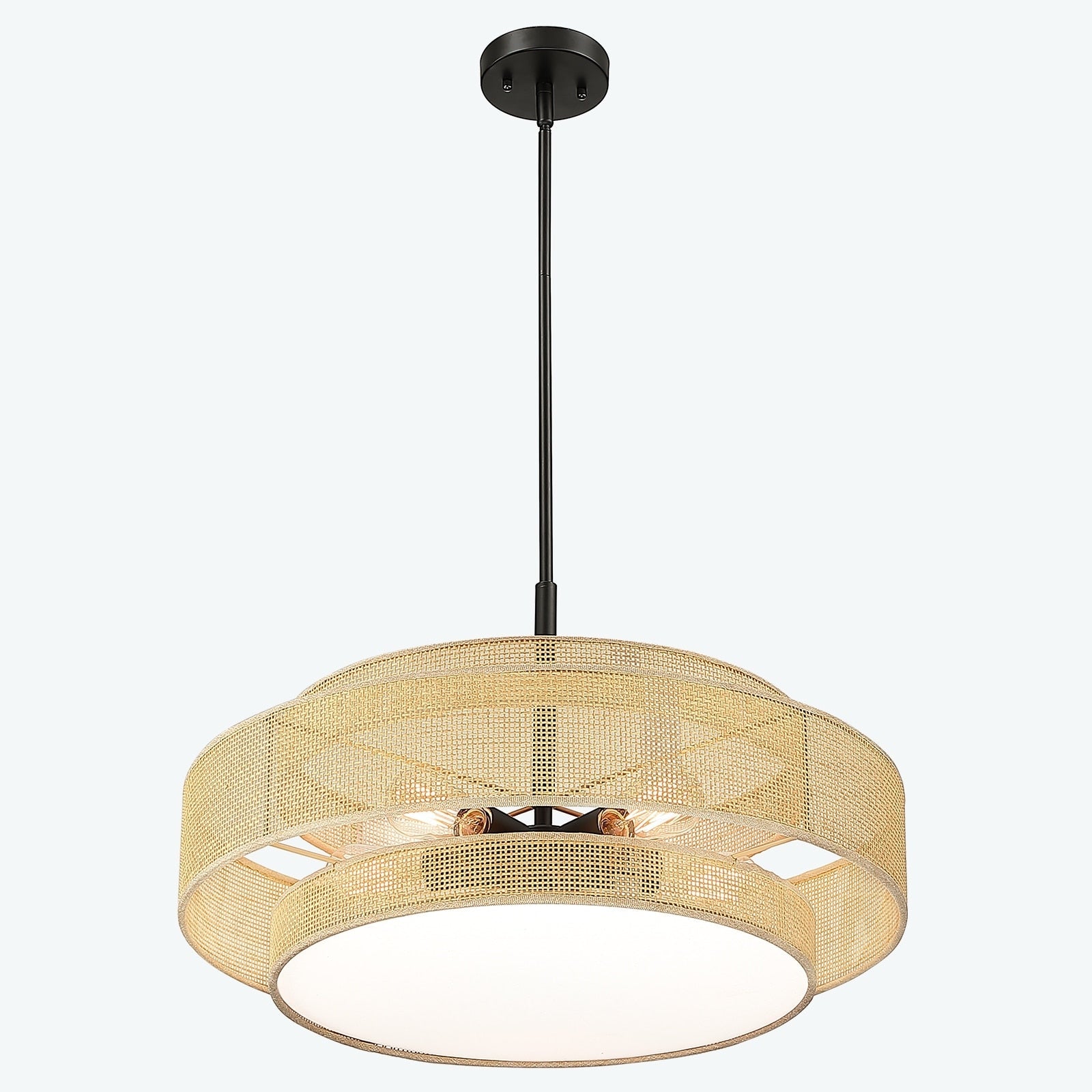 Luminaire à suspension à 5 lumières en forme de tambour noir de style côtier avec abat-jour double en rotin - 61 cm de largeur