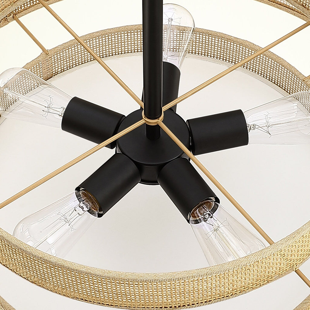 Luminaire à suspension à 5 lumières en forme de tambour noir de style côtier avec abat-jour double en rotin - 61 cm de largeur