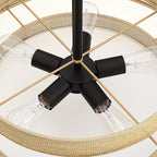 Luminaire à suspension à 5 lumières en forme de tambour noir de style côtier avec abat-jour double en rotin - 61 cm de largeur