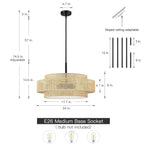 Luminaire à suspension à 5 lumières en forme de tambour noir de style côtier avec abat-jour double en rotin - 61 cm de largeur