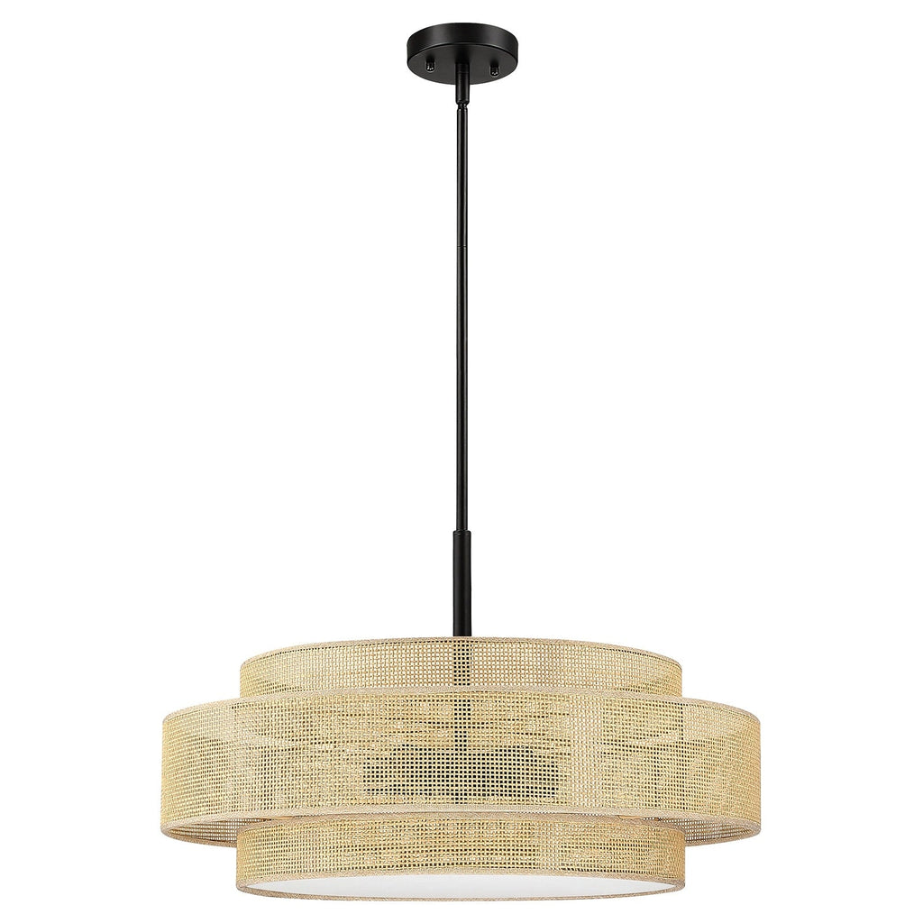 Luminaire à suspension à 5 lumières en forme de tambour noir de style côtier avec abat-jour double en rotin - 61 cm de largeur