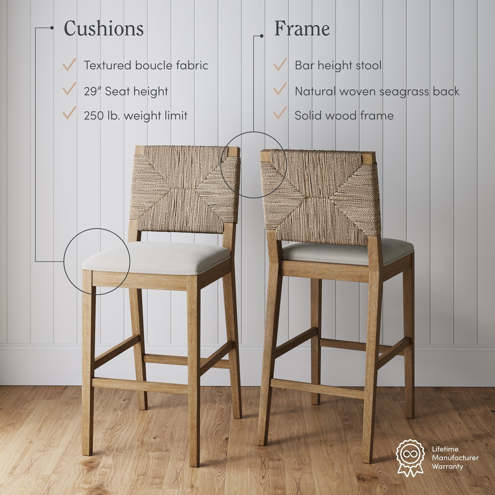 Tabouret de bar Beacon Bohemian Boucle, chaise de comptoir rembourrée avec cadre en bois massif et dossier en jonc tressé.