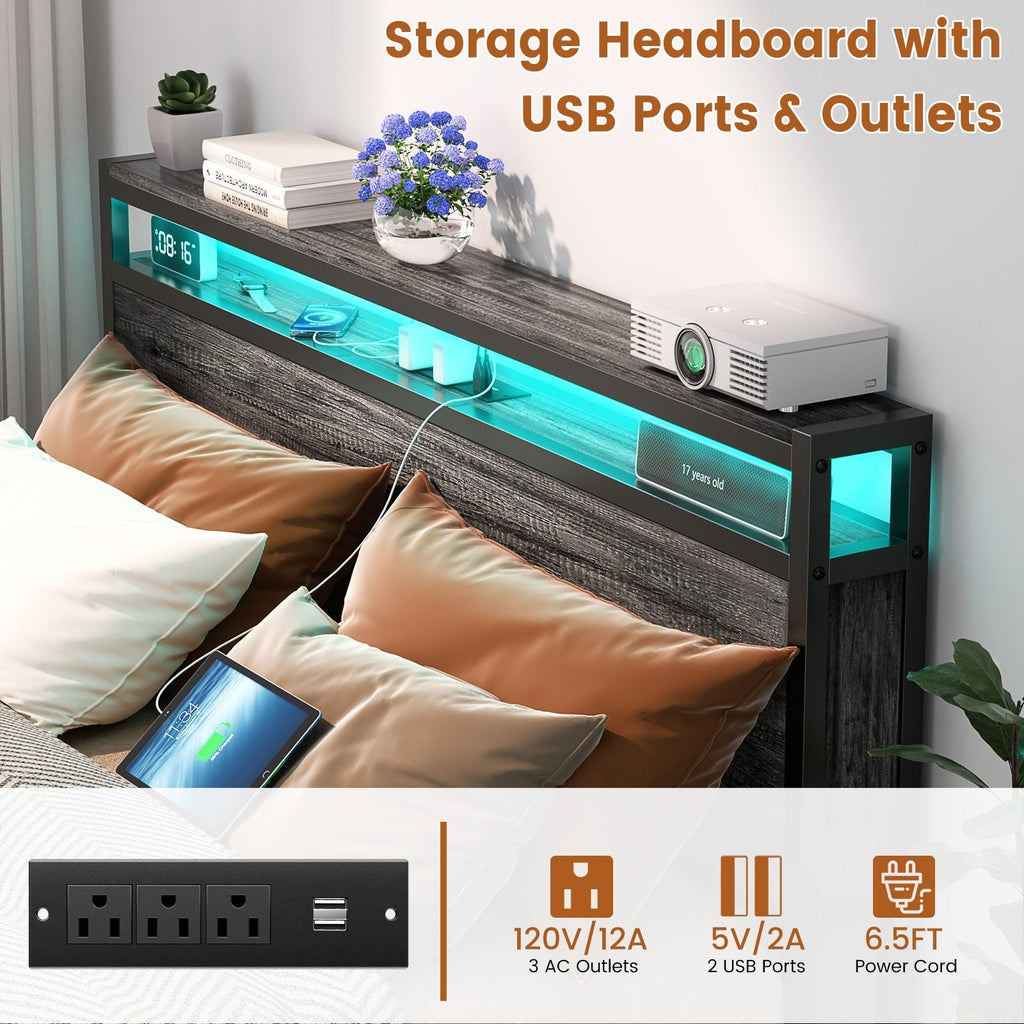 Cadre de lit plateforme en bois de style farmhouse avec station de recharge et lumières LED
