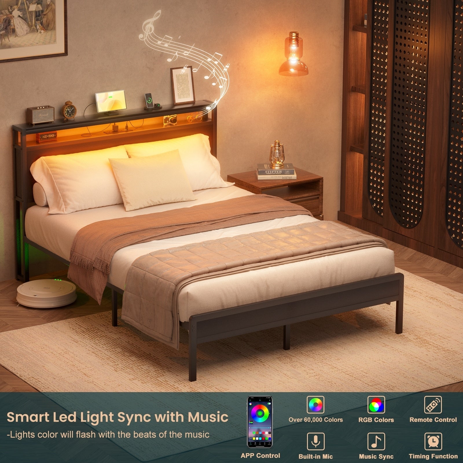 Cadre de lit plateforme en bois de style farmhouse avec station de recharge et lumières LED