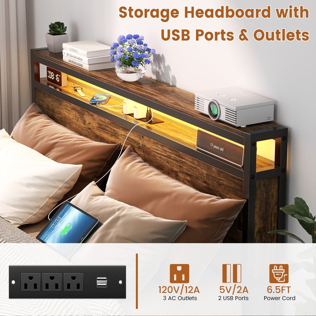 Cadre de lit plateforme en bois de style farmhouse avec station de recharge et lumières LED