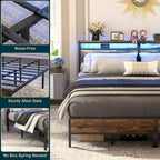 Cadre de lit plateforme en bois de style farmhouse avec station de recharge et lumières LED