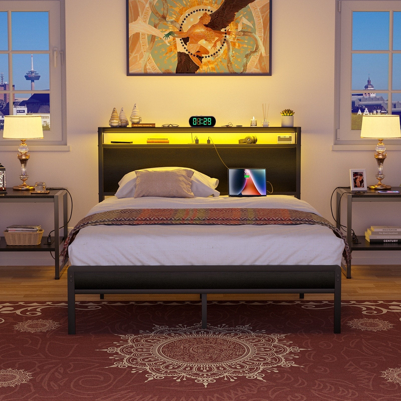 Cadre de lit plateforme en bois de style farmhouse avec station de recharge et lumières LED