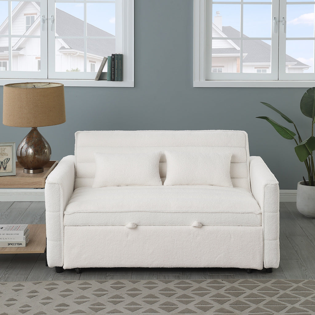 Canapé-lit convertible deux places en tissu bouclé beige 55,12 avec dossier réglable et 2 coussins lombaires pour salon