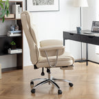 Fauteuil de bureau ergonomique pivotant à 360° en cuir reconstitué beige, dossier haut, soutien lombaire, repose-pieds et hauteur réglable.