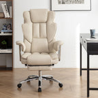 Fauteuil de bureau ergonomique pivotant à 360° en cuir reconstitué beige, dossier haut, soutien lombaire, repose-pieds et hauteur réglable.