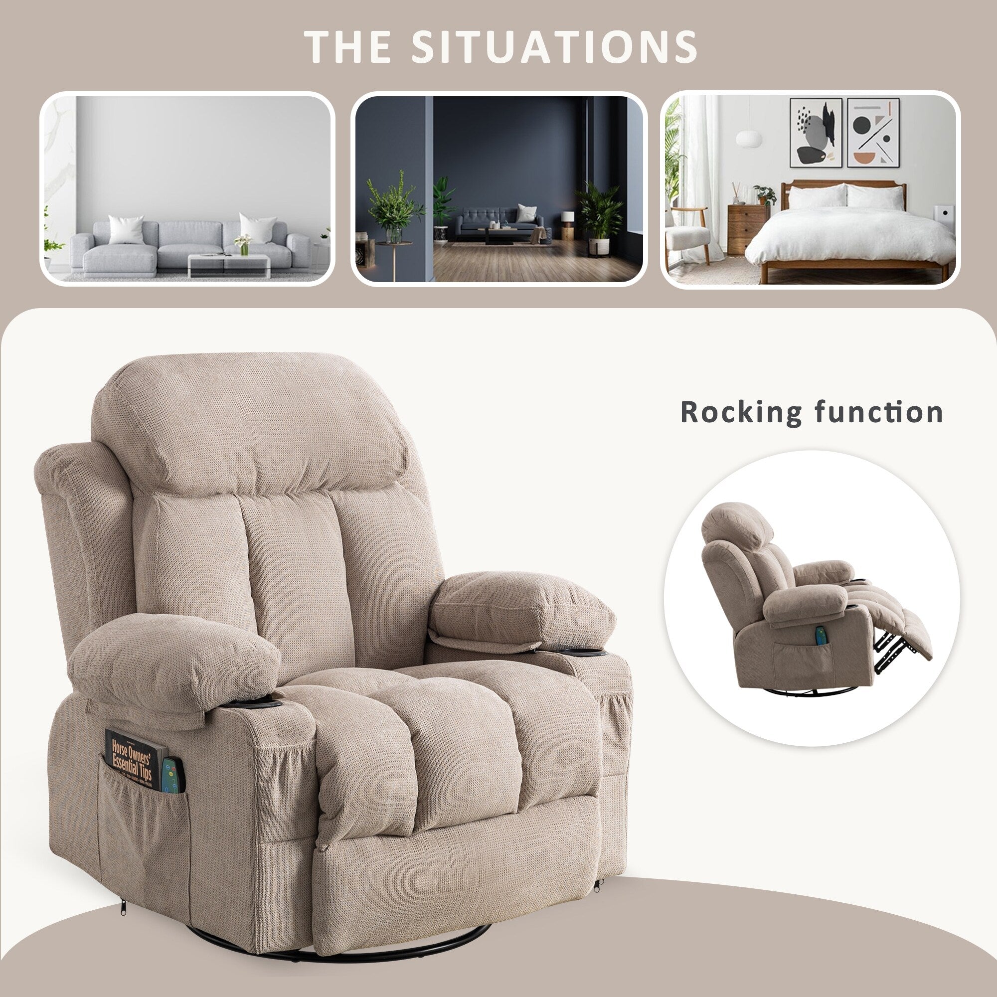 Fauteuil inclinable pivotant beige avec massage, chauffage et chargement USB