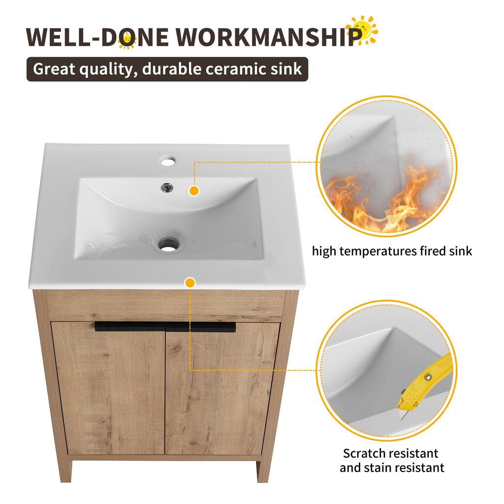 Meuble-lavabo de salle de bain Beingnext 24/30/36 avec lavabo, meuble-lavabo de salle de bain autoportant avec porte à fermeture amortie et étagère réglable