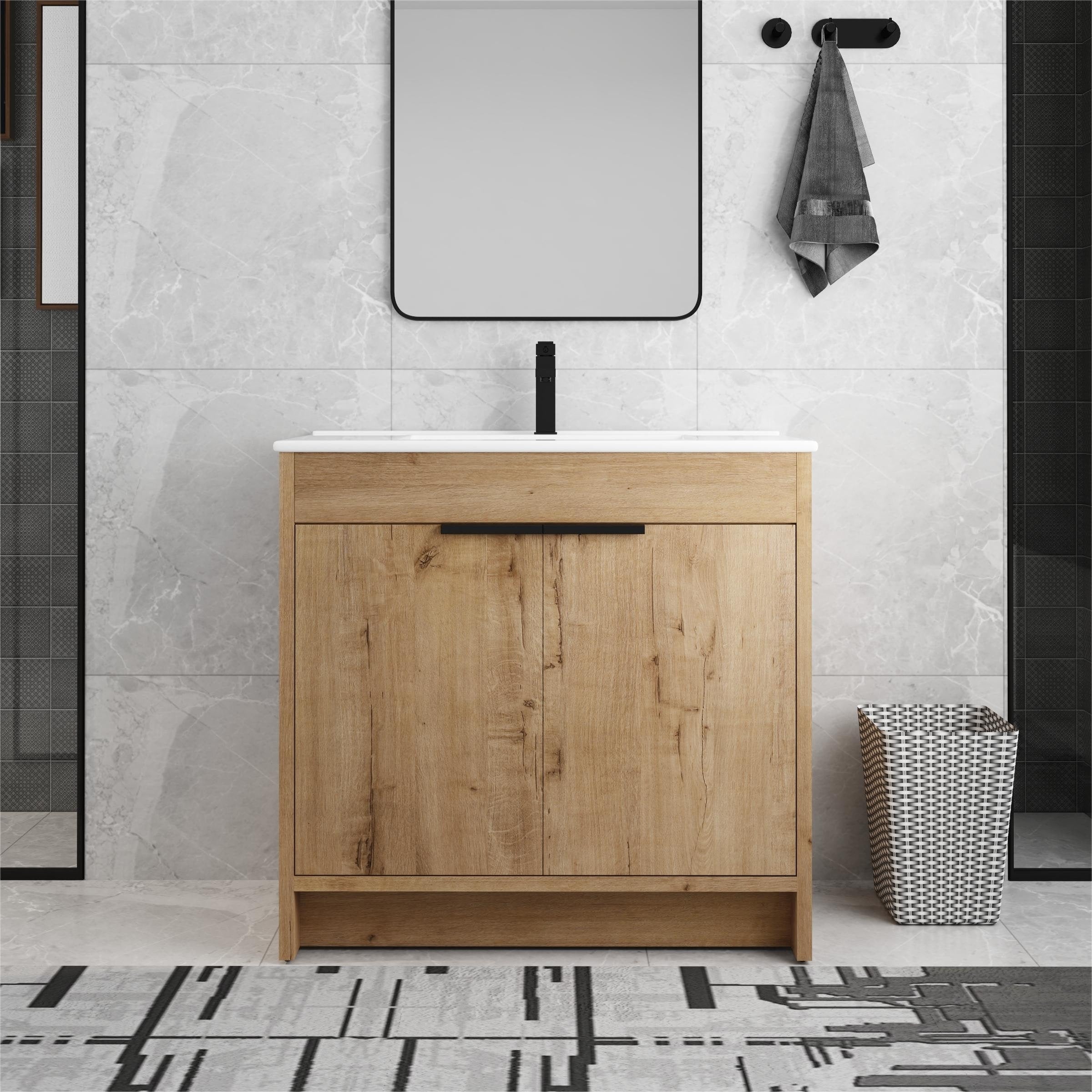 Meuble-lavabo de salle de bain Beingnext 24/30/36 avec lavabo, meuble-lavabo de salle de bain autoportant avec porte à fermeture amortie et étagère réglable