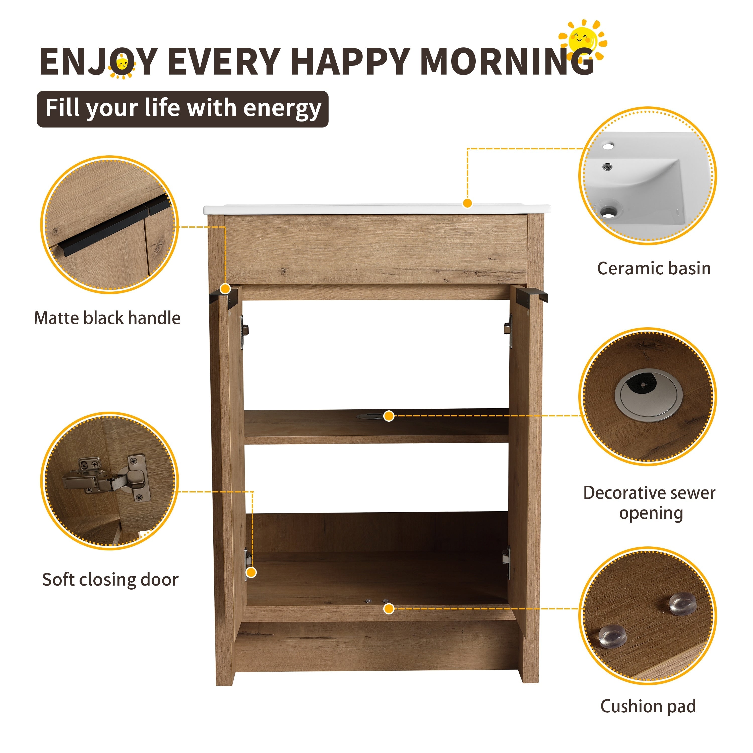 Meuble-lavabo de salle de bain Beingnext 24/30/36 avec lavabo, meuble-lavabo de salle de bain autoportant avec porte à fermeture amortie et étagère réglable