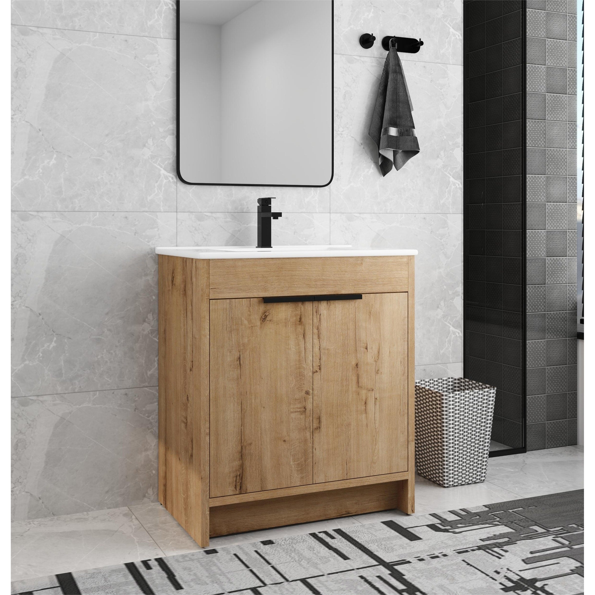 Meuble-lavabo de salle de bain Beingnext 24/30/36 avec lavabo, meuble-lavabo de salle de bain autoportant avec porte à fermeture amortie et étagère réglable