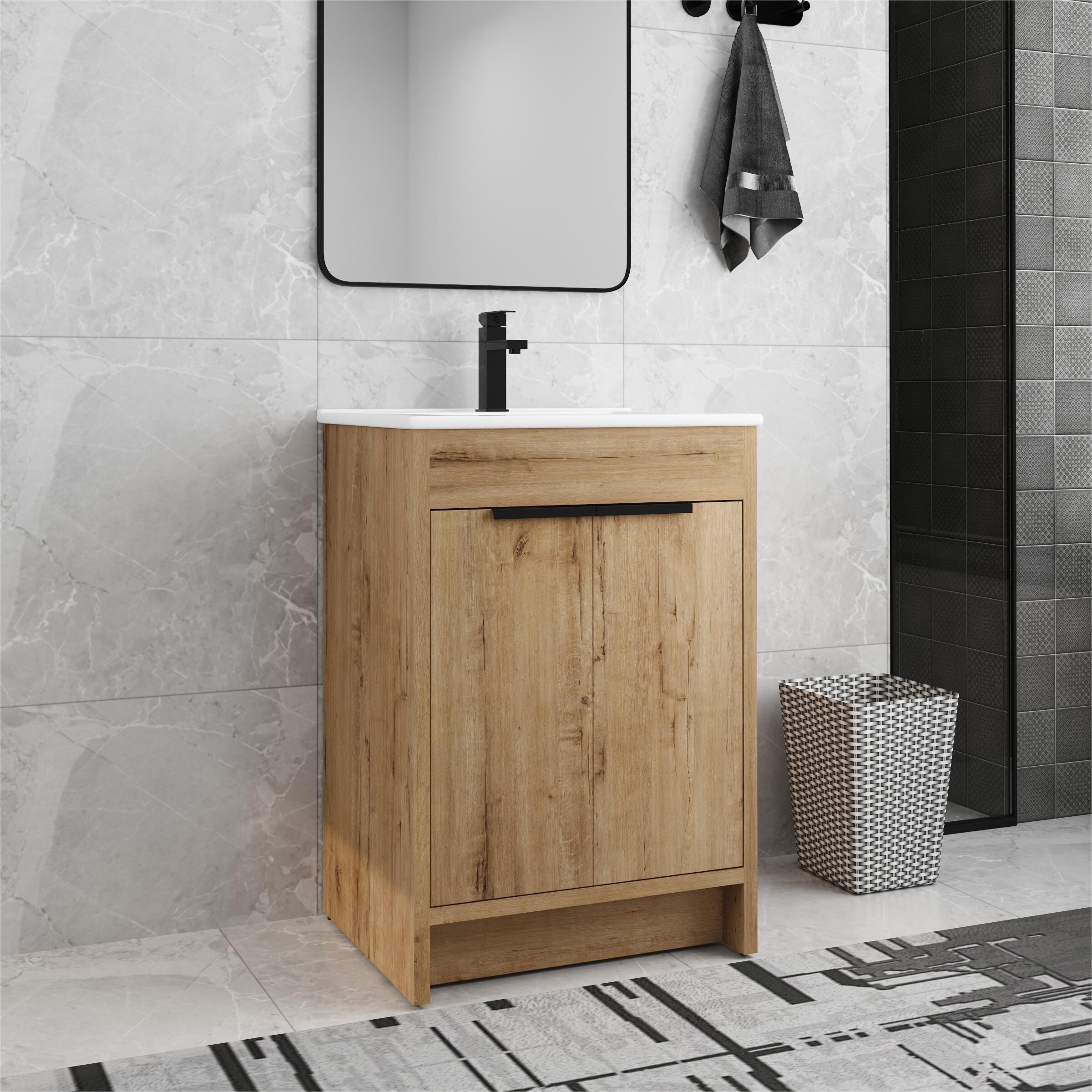 Meuble-lavabo de salle de bain Beingnext 24/30/36 avec lavabo, meuble-lavabo de salle de bain autoportant avec porte à fermeture amortie et étagère réglable