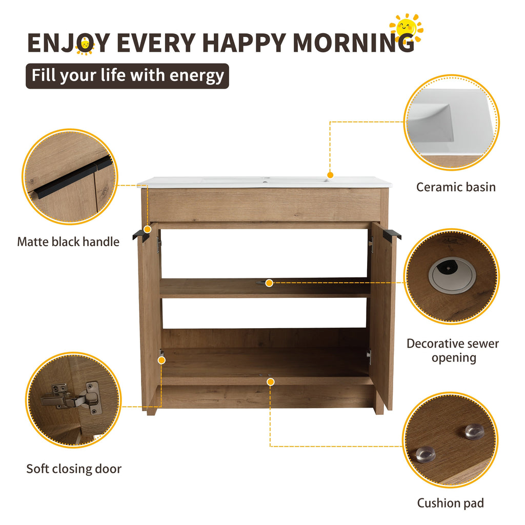 Meuble-lavabo de salle de bain Beingnext 24/30/36 avec lavabo, meuble-lavabo de salle de bain autoportant avec porte à fermeture amortie et étagère réglable