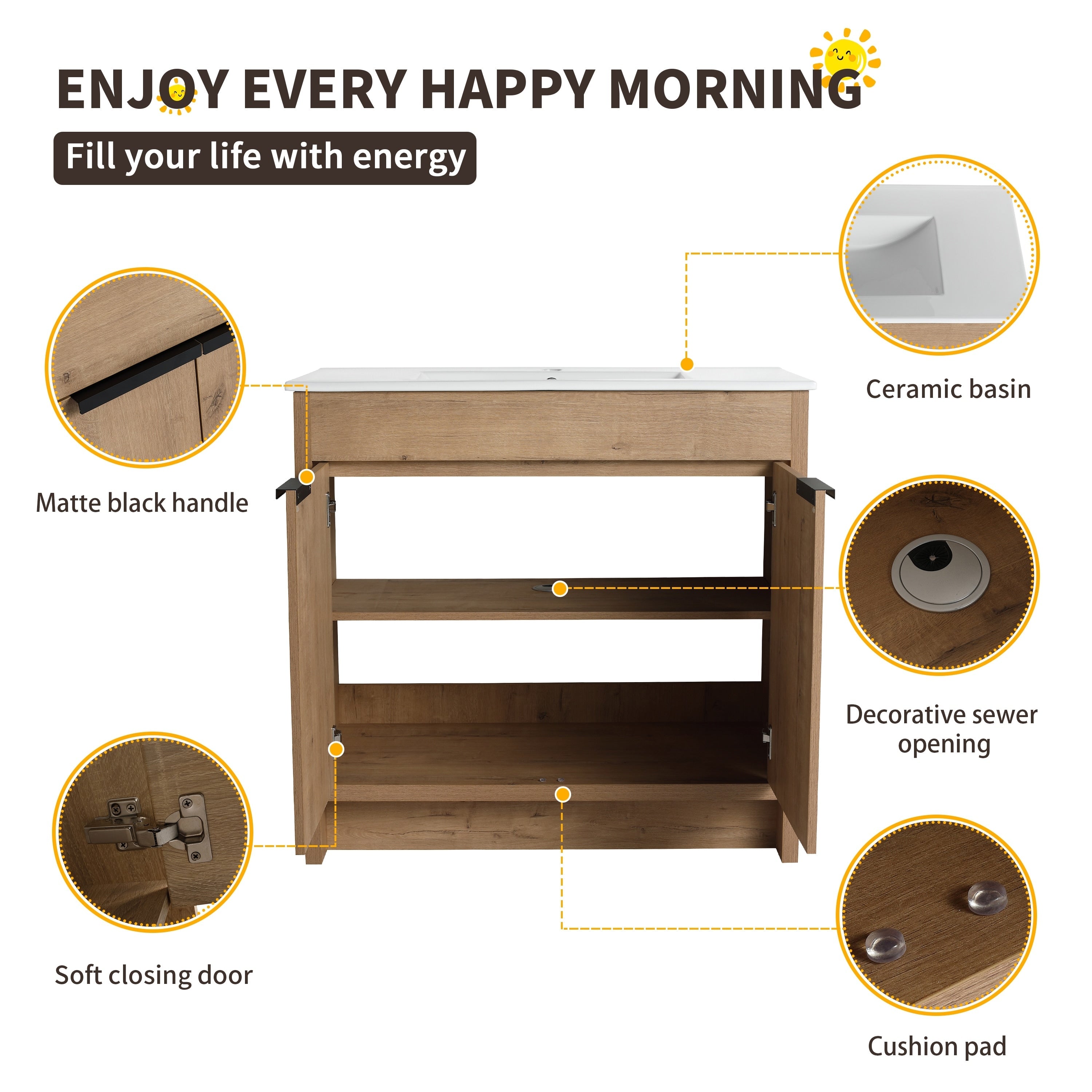 Meuble-lavabo de salle de bain Beingnext 24/30/36 avec lavabo, meuble-lavabo de salle de bain autoportant avec porte à fermeture amortie et étagère réglable