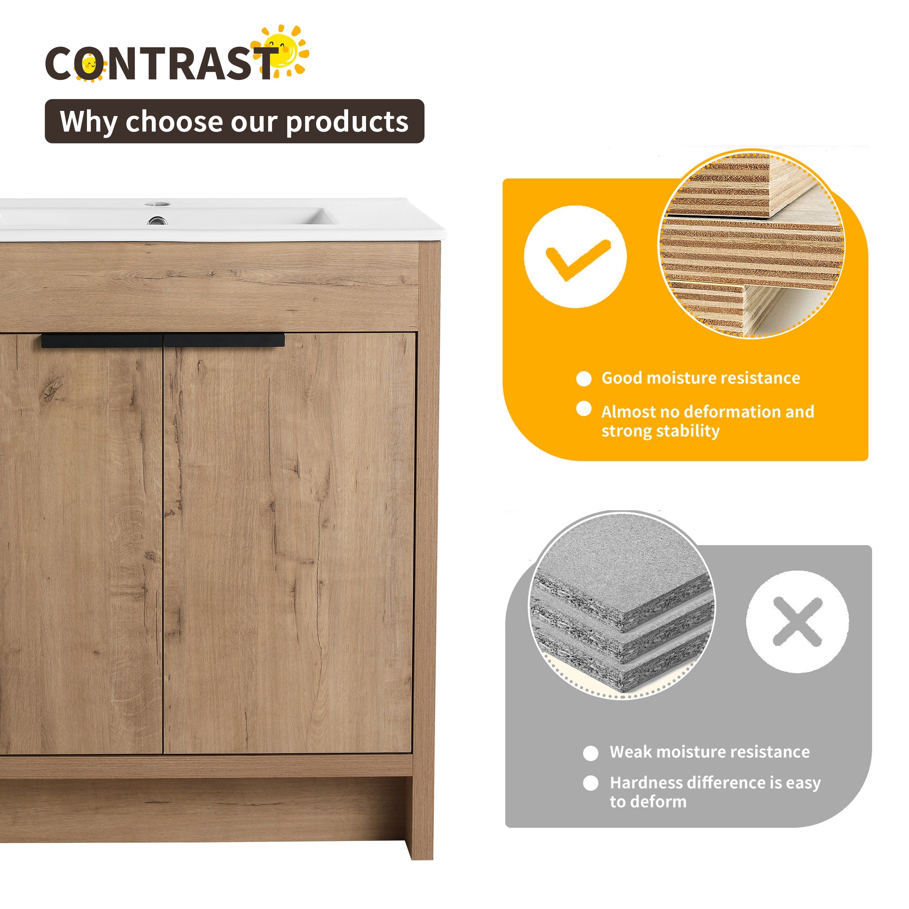 Meuble-lavabo de salle de bain Beingnext 24/30/36 avec lavabo, meuble-lavabo de salle de bain autoportant avec porte à fermeture amortie et étagère réglable