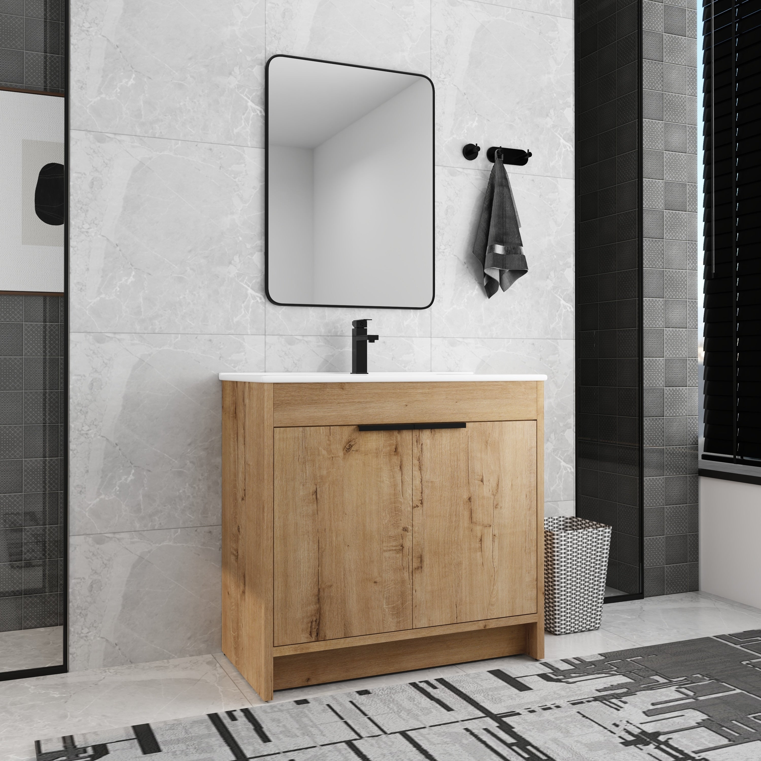 Meuble-lavabo de salle de bain Beingnext 24/30/36 avec lavabo, meuble-lavabo de salle de bain autoportant avec porte à fermeture amortie et étagère réglable