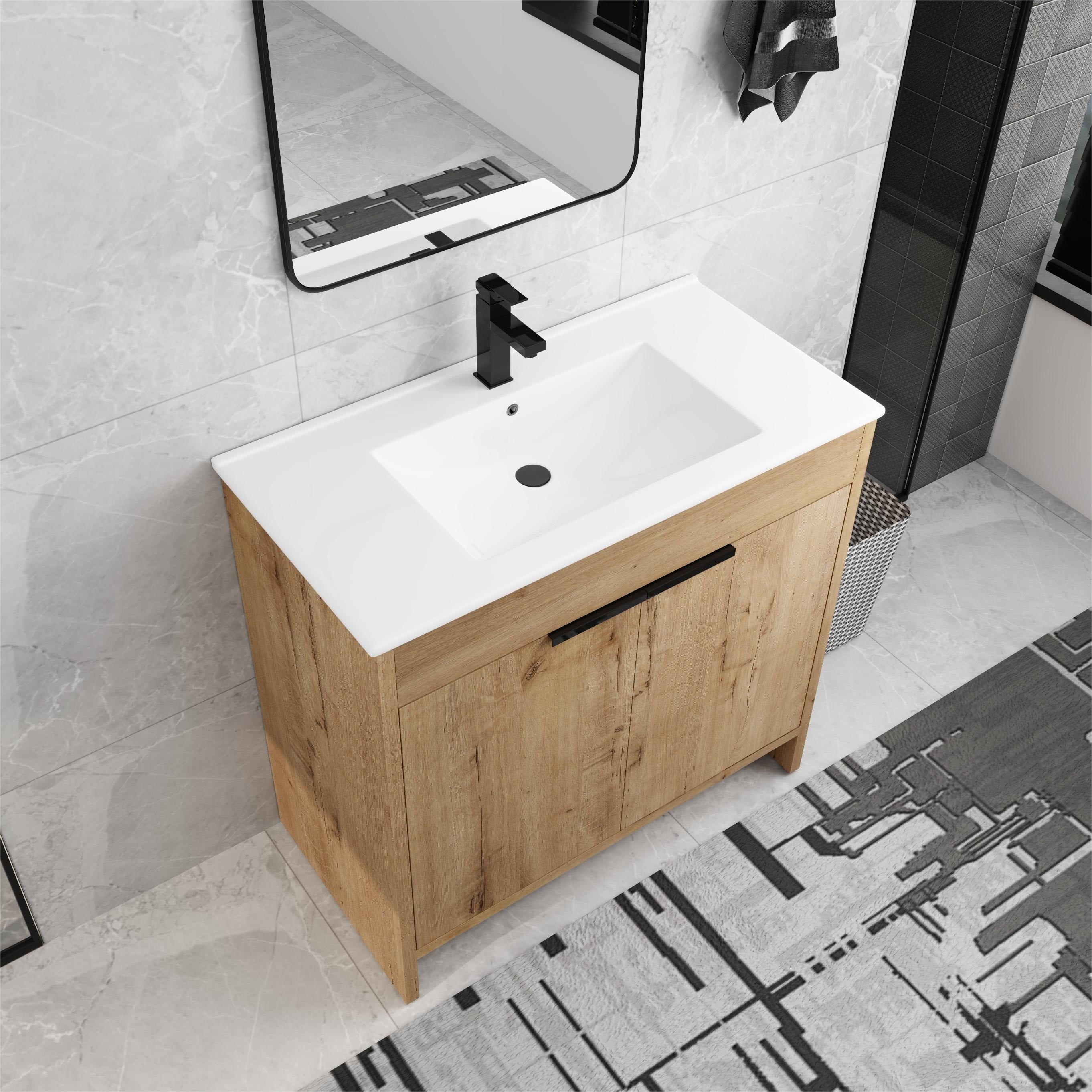 Meuble-lavabo de salle de bain Beingnext 24/30/36 avec lavabo, meuble-lavabo de salle de bain autoportant avec porte à fermeture amortie et étagère réglable