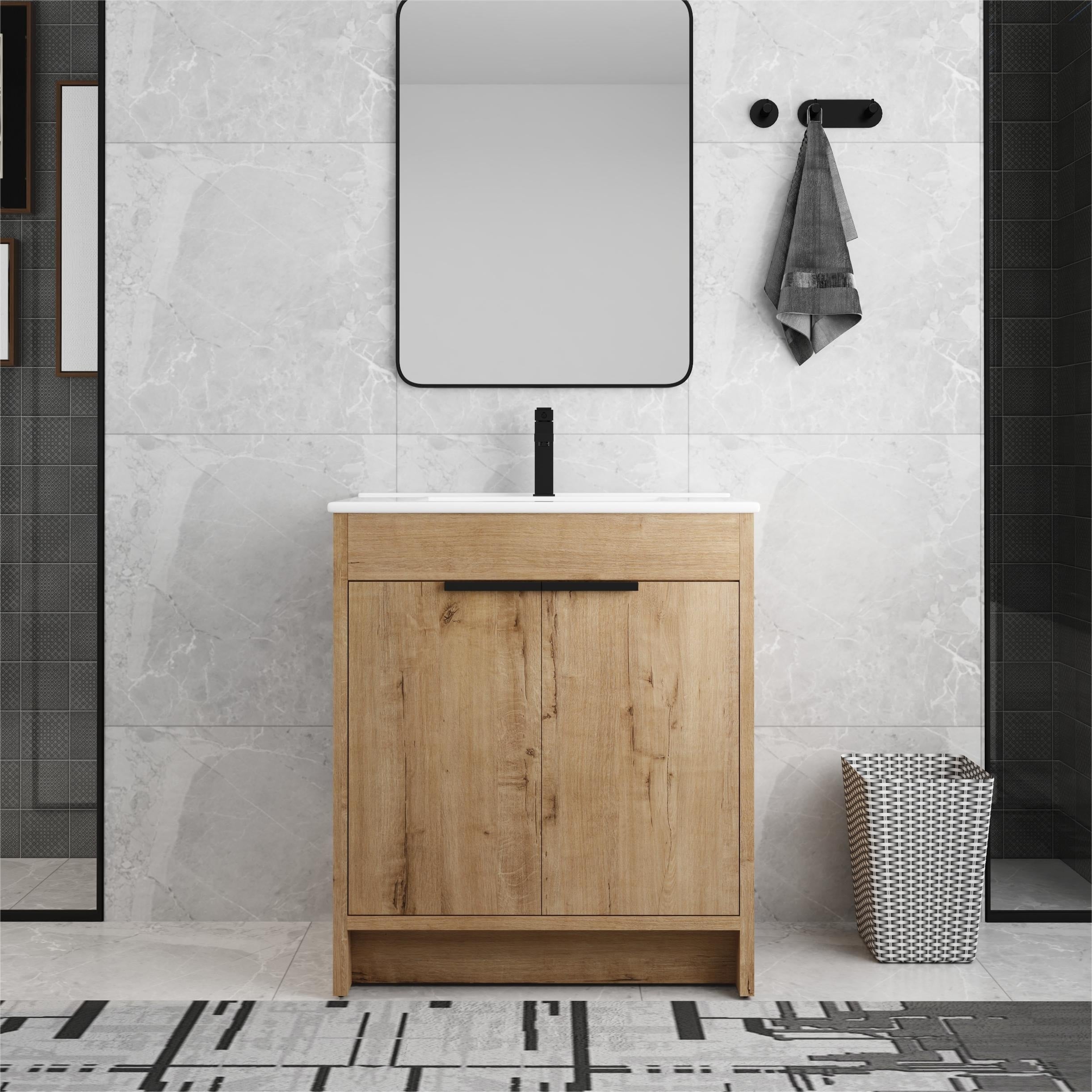 Meuble-lavabo de salle de bain Beingnext 24/30/36 avec lavabo, meuble-lavabo de salle de bain autoportant avec porte à fermeture amortie et étagère réglable