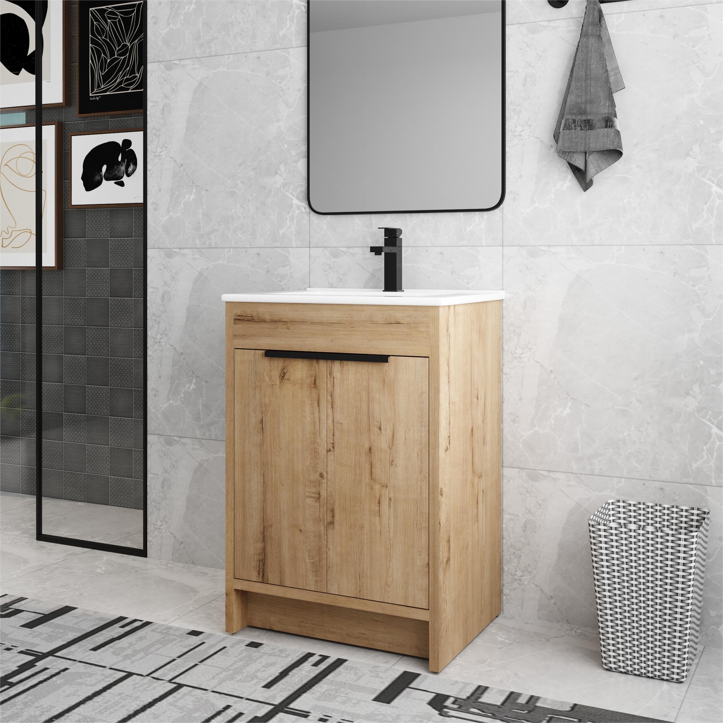 Meuble-lavabo de salle de bain Beingnext 24/30/36 avec lavabo, meuble-lavabo de salle de bain autoportant avec porte à fermeture amortie et étagère réglable