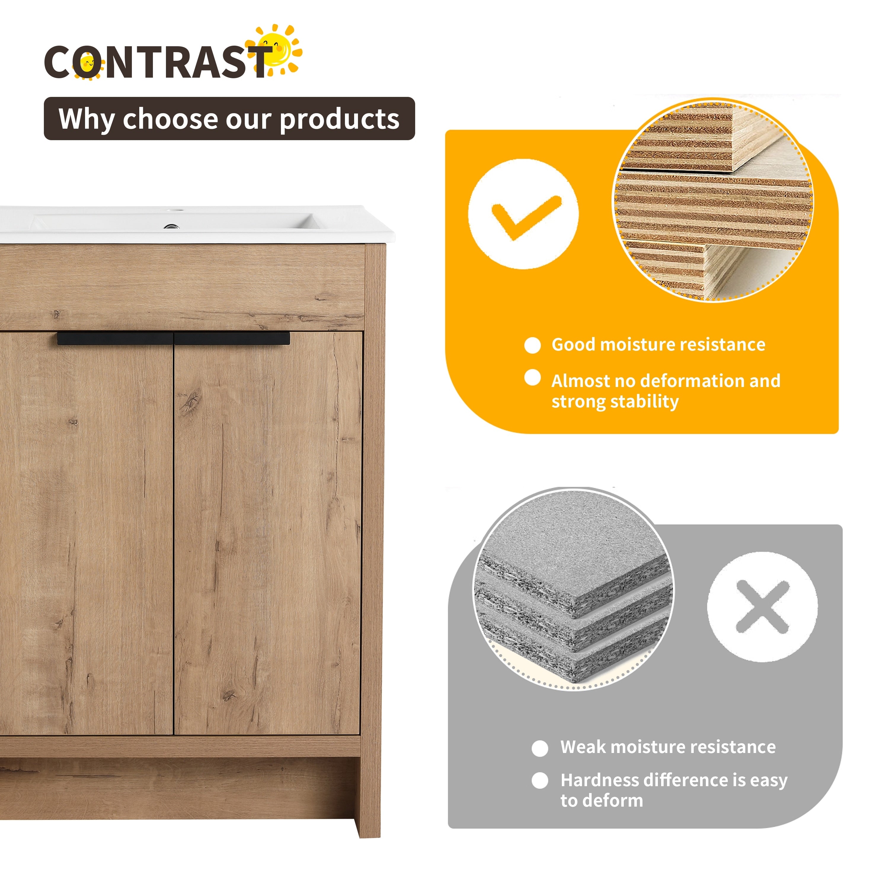 Meuble-lavabo de salle de bain Beingnext 24/30/36 avec lavabo, meuble-lavabo de salle de bain autoportant avec porte à fermeture amortie et étagère réglable