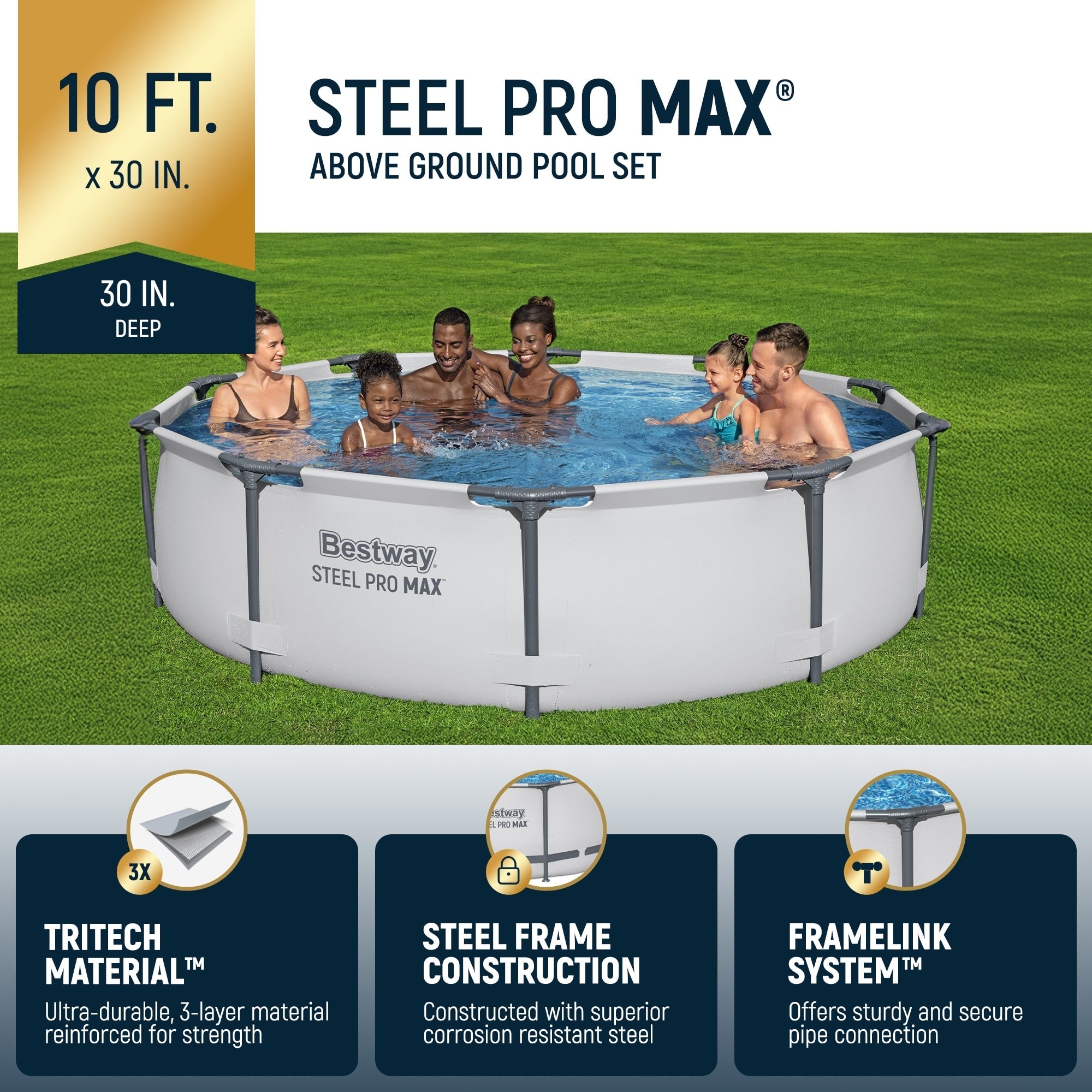 Piscine hors sol Bestway Steel Pro MAX ronde de 305 cm de diamètre et 76 cm de hauteur avec pompe - 305 cm x 76 cm.