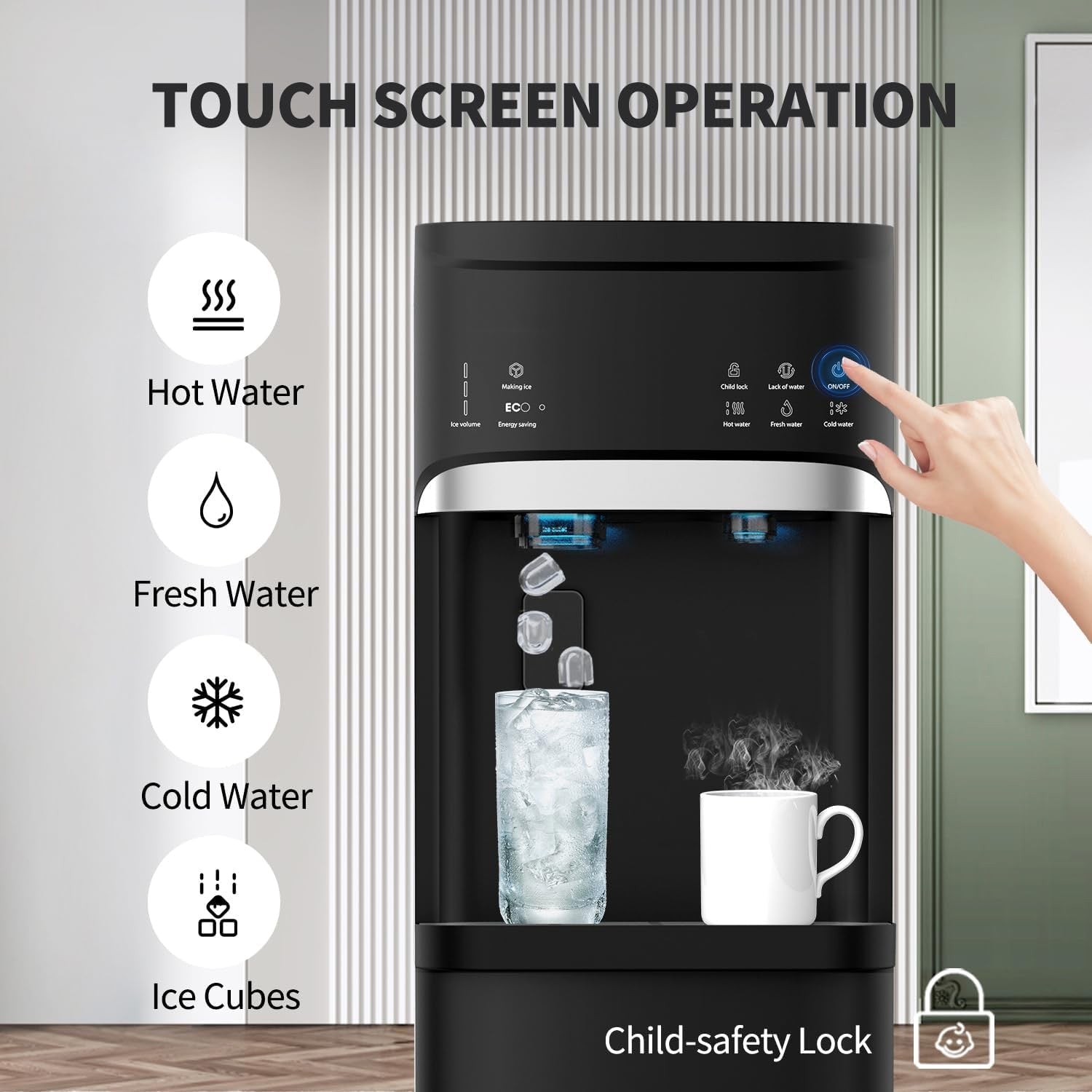 Distributeurs d'eau chaudes et froides 3 en 1 noirs avec machine à glaçons