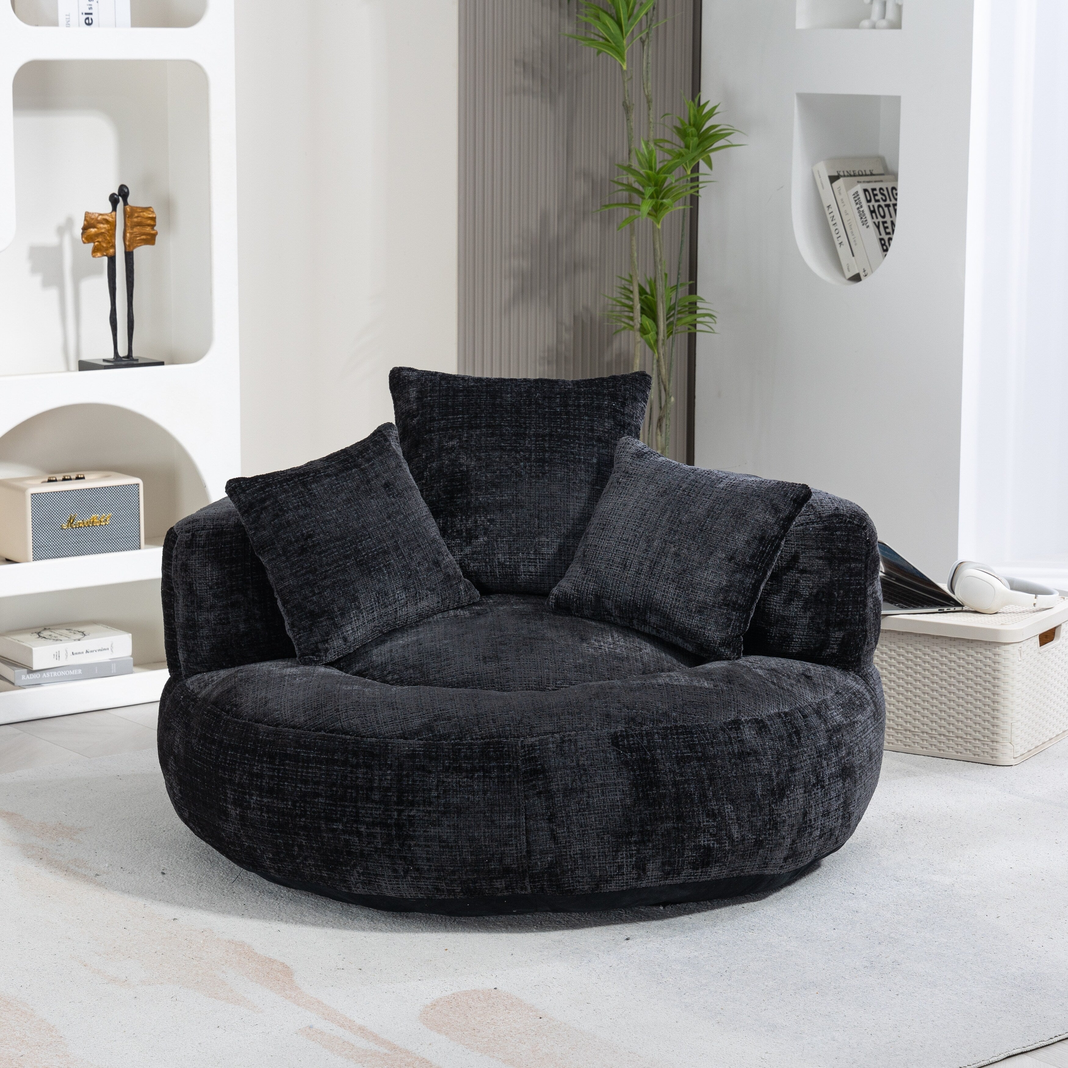 Pouf poire géant noir surdimensionné en chenille de 42,52 pouces avec trois coussins pour chambre à coucher