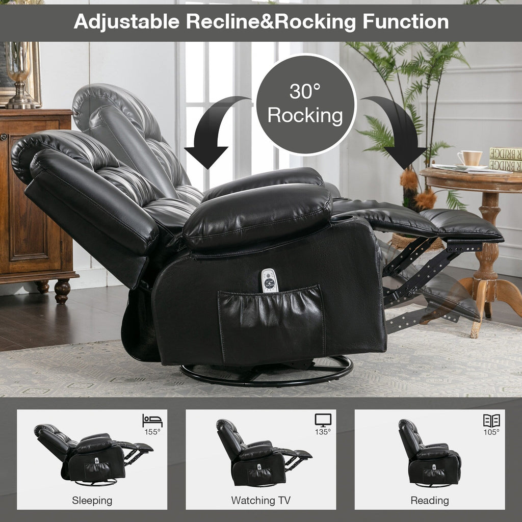Fauteuil inclinable pivotant noir avec chauffage, massage et ports USB