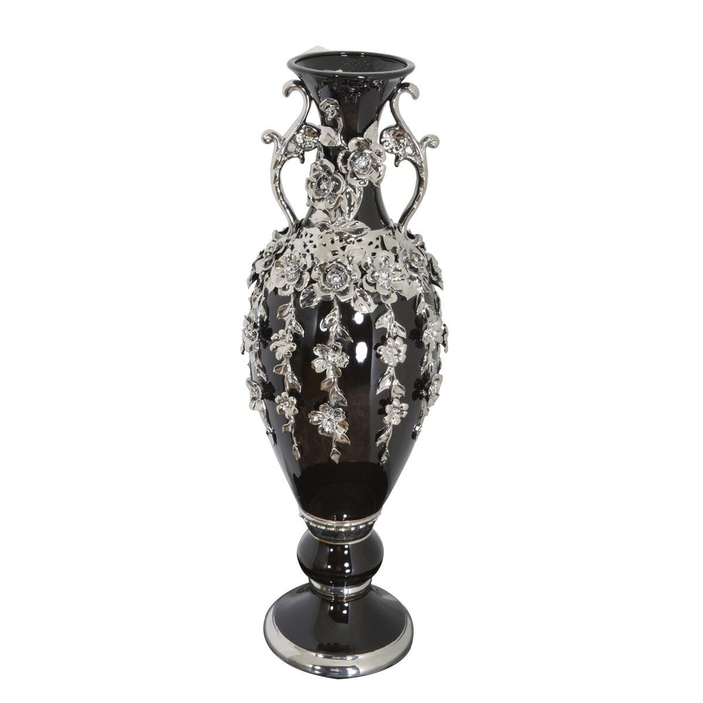 Vase magnifique de 89 cm de haut, orné de fleurs et de strass argentés et noirs.