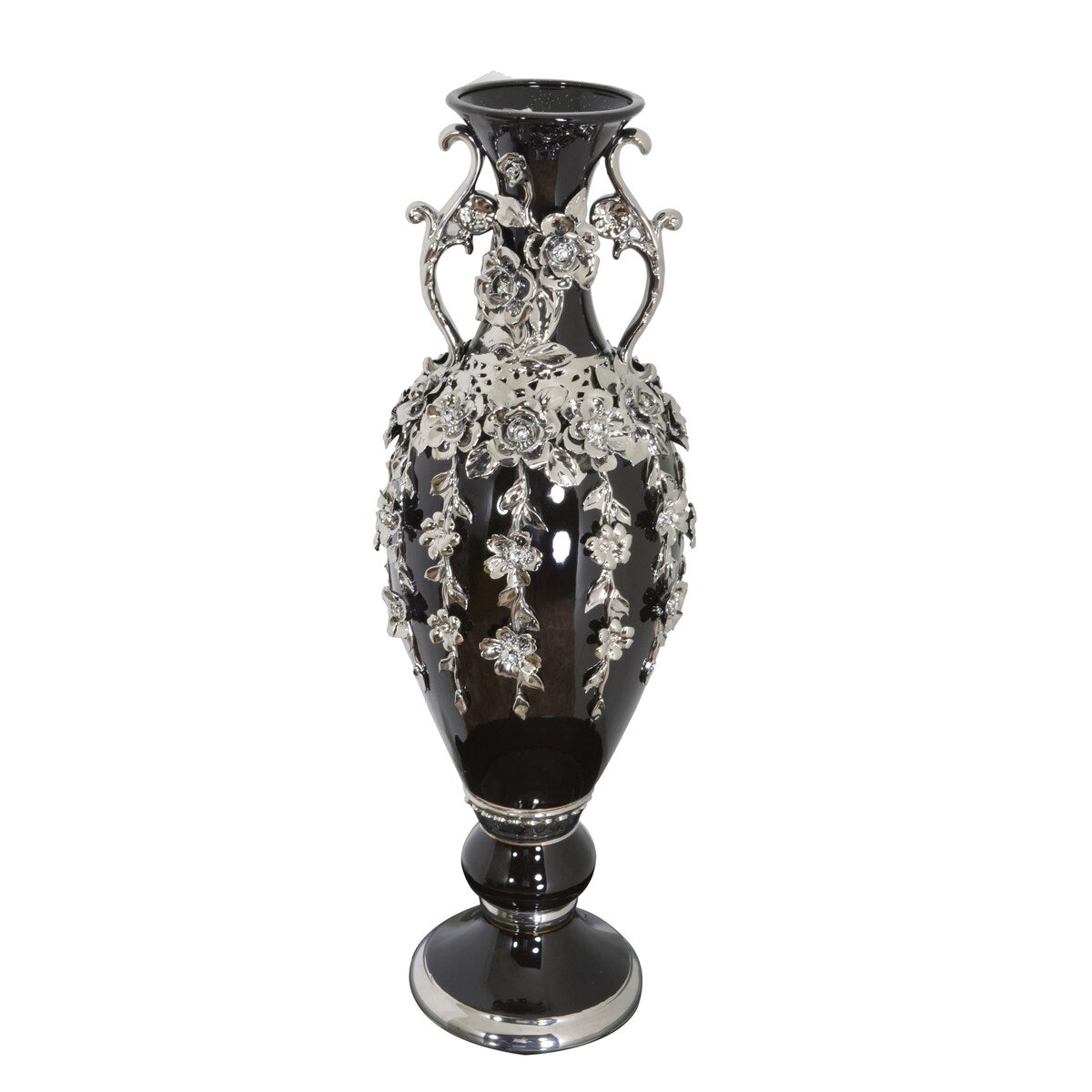 Vase magnifique de 89 cm de haut, orné de fleurs et de strass argentés et noirs.