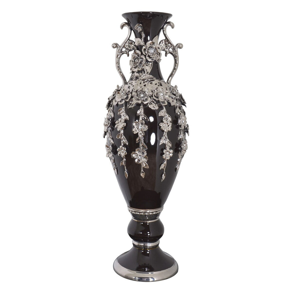 Vase magnifique de 89 cm de haut, orné de fleurs et de strass argentés et noirs.