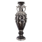 Vase magnifique de 89 cm de haut, orné de fleurs et de strass argentés et noirs.