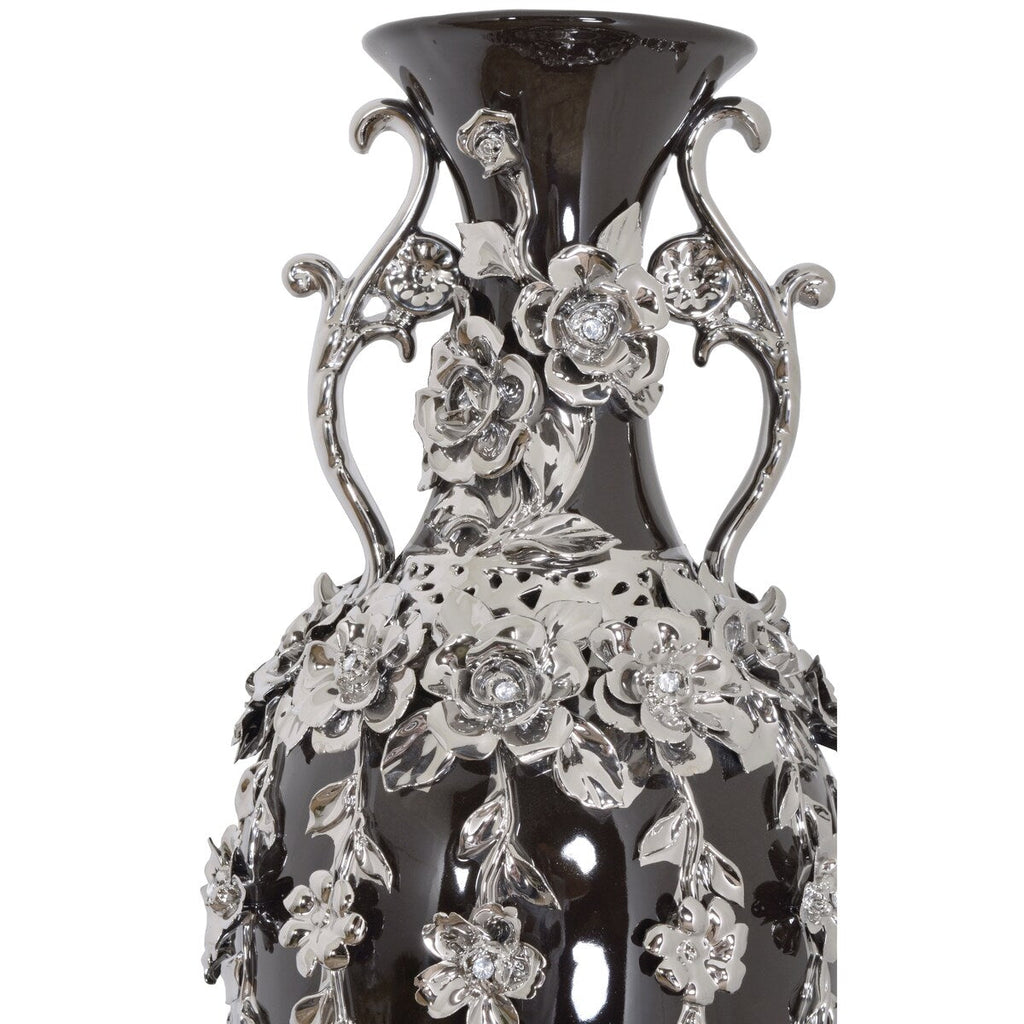 Vase magnifique de 89 cm de haut, orné de fleurs et de strass argentés et noirs.
