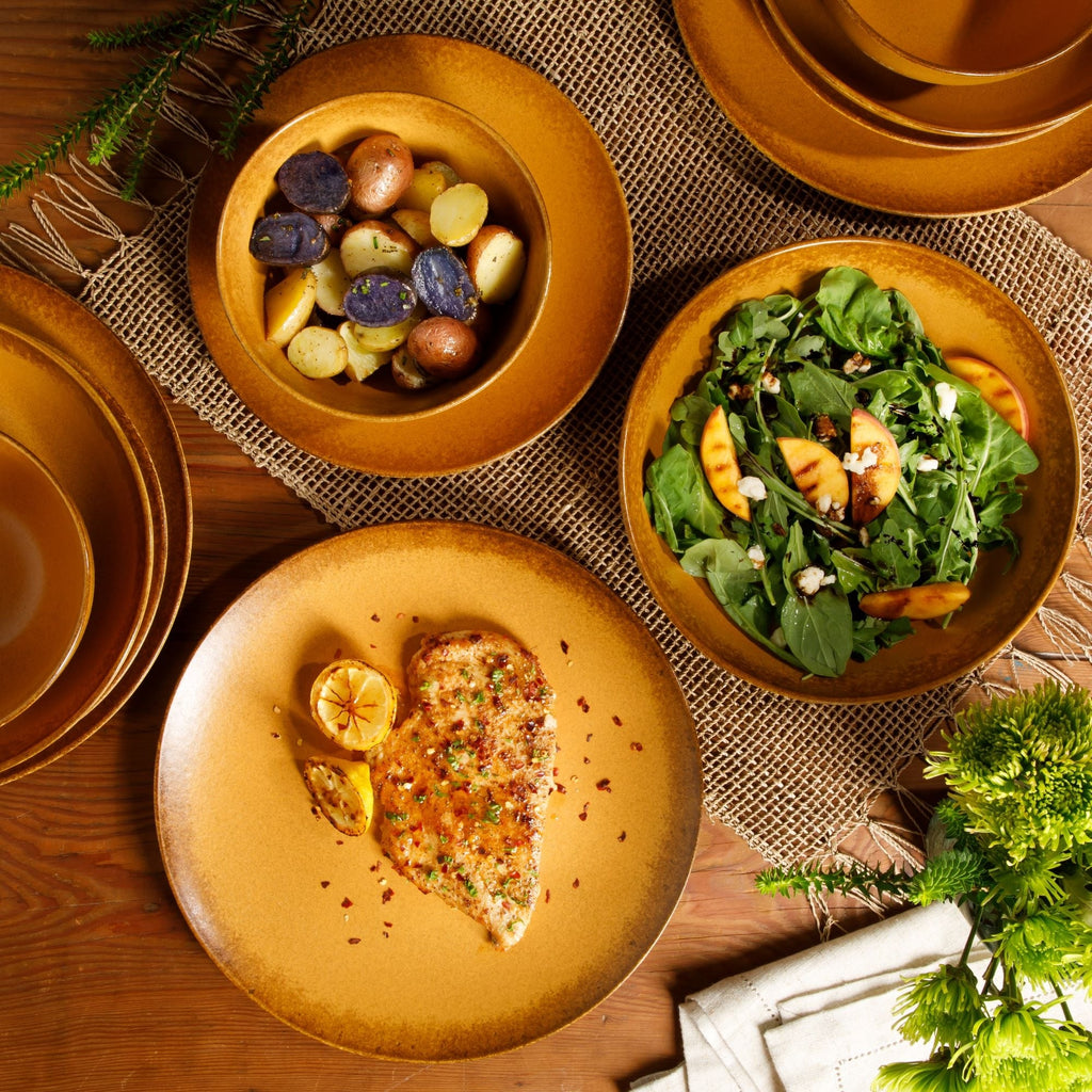 Service de table Bloomhouse Palermo Sun, 16 pièces, assiettes et bols en grès double paroi, émail réactif.