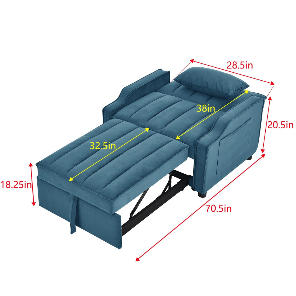 Canapé-lit convertible une place en velours bleu avec lit gigogne