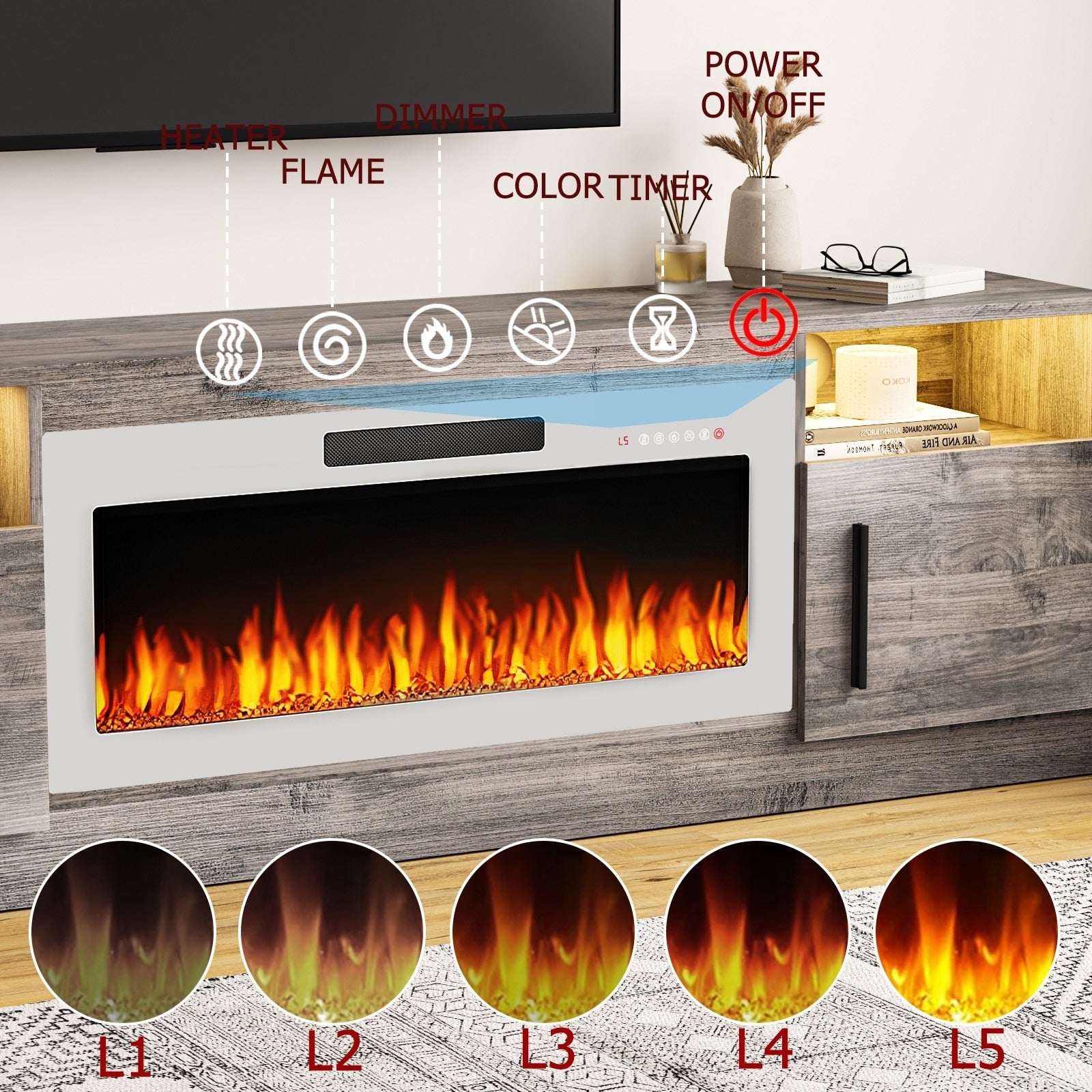 Meuble TV avec foyer électrique Bossin 70, foyer électrique de 36 pouces, meuble TV pour téléviseurs jusqu'à 80 pouces, éclairage LED à 16 couleurs/centre de divertissement