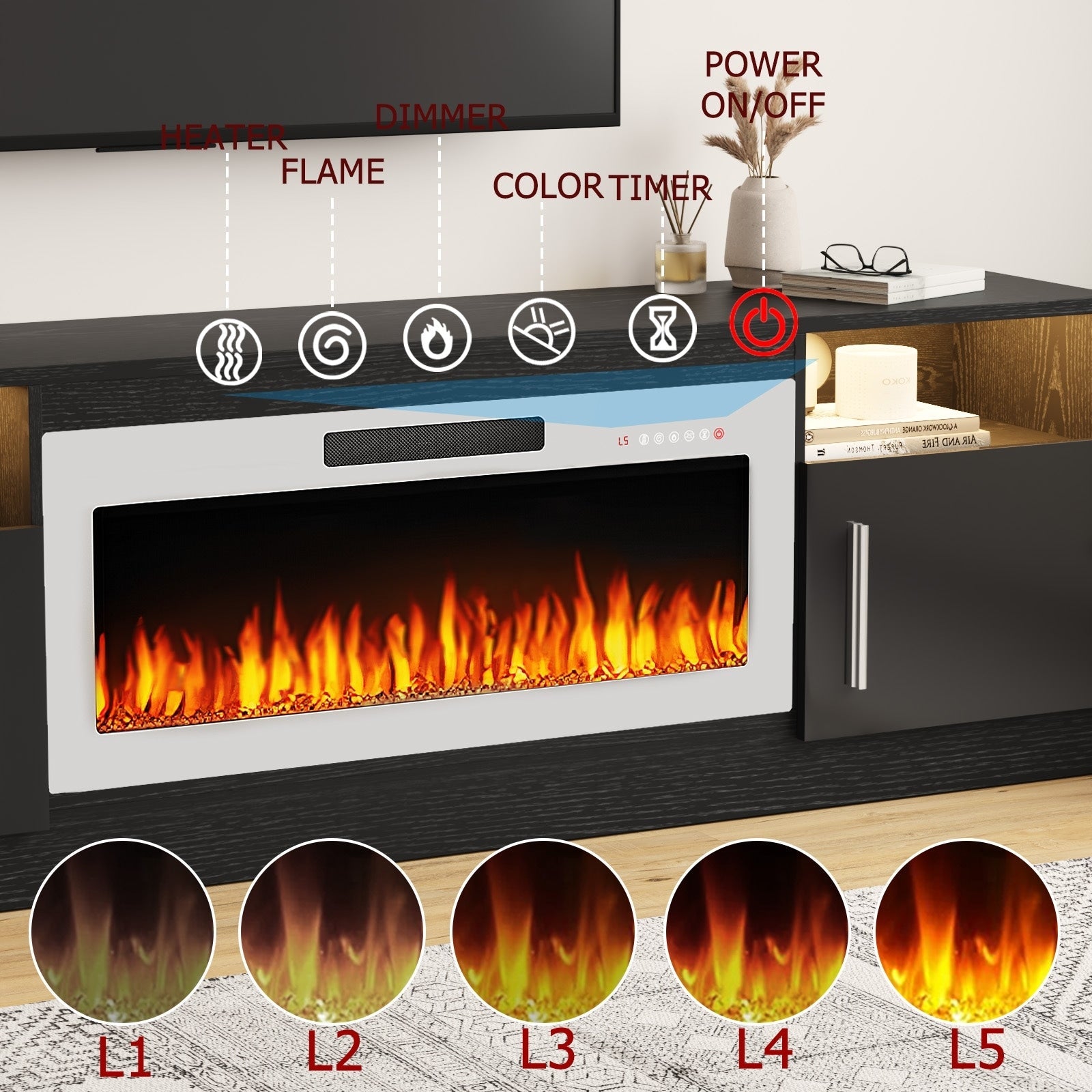 Meuble TV avec foyer électrique Bossin 70, foyer électrique de 36 pouces, meuble TV pour téléviseurs jusqu'à 80 pouces, éclairage LED à 16 couleurs/centre de divertissement