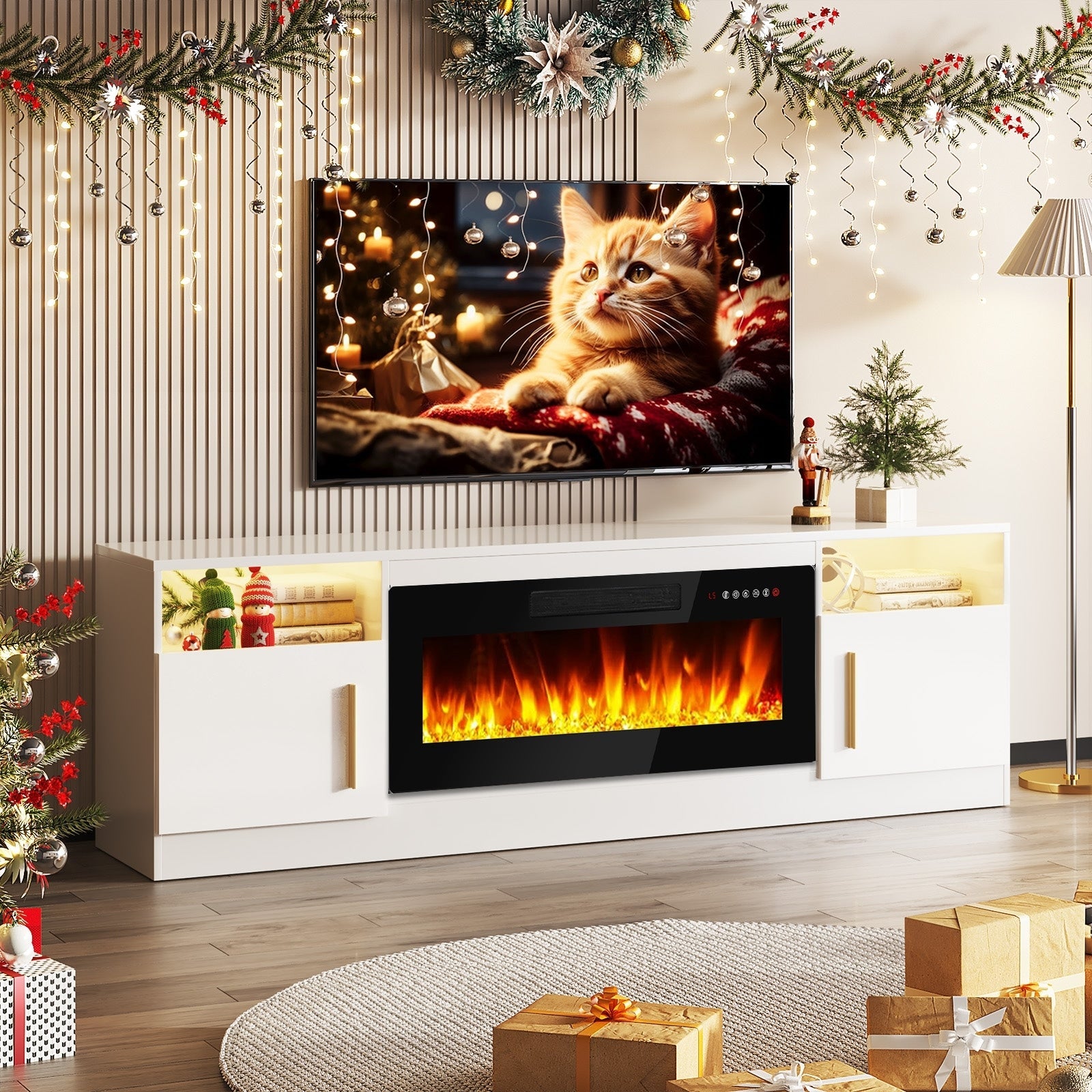 Meuble TV avec foyer électrique Bossin 70, foyer électrique de 36 pouces, meuble TV pour téléviseurs jusqu'à 80 pouces, éclairage LED à 16 couleurs/centre de divertissement