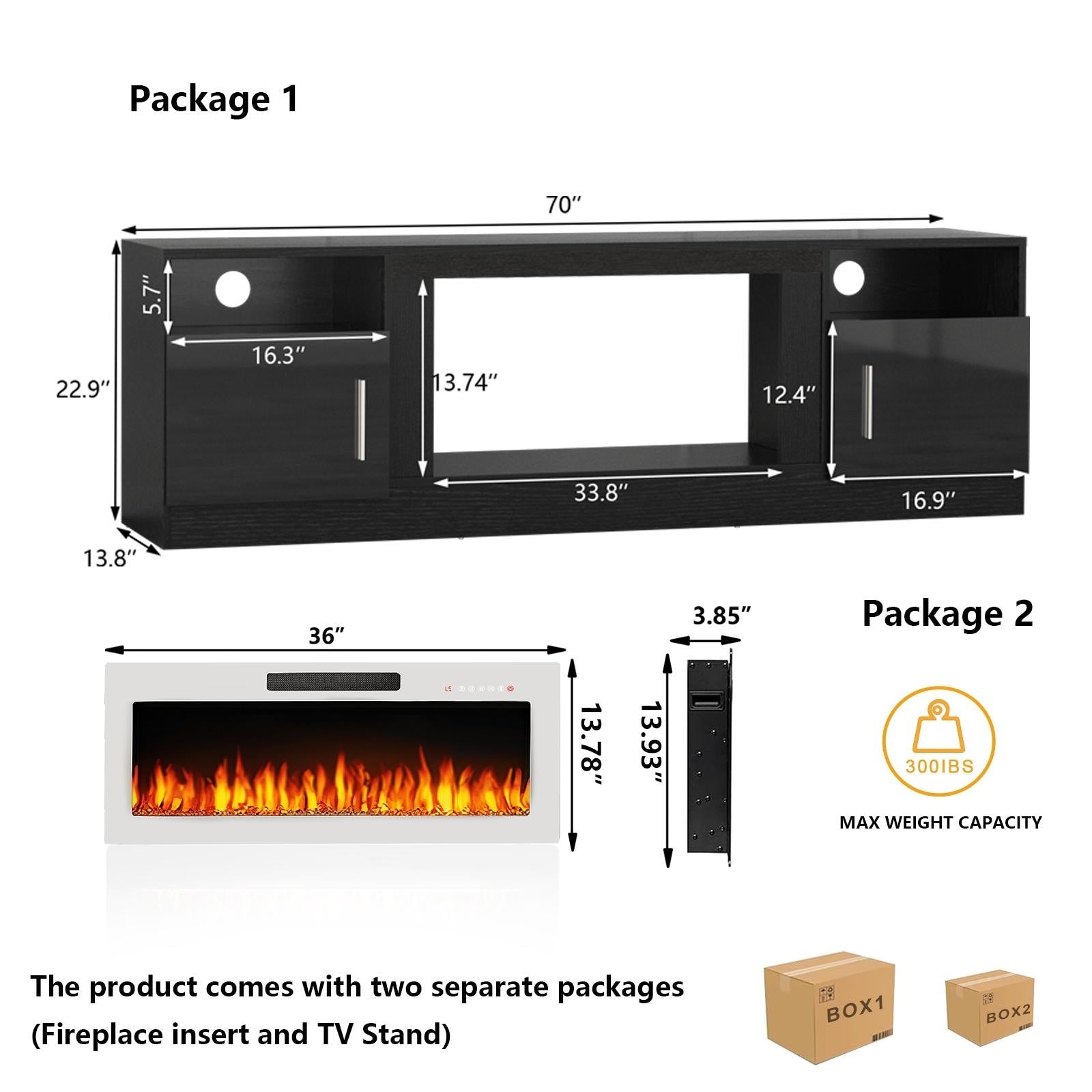 Meuble TV avec foyer électrique Bossin 70, foyer électrique de 36 pouces, meuble TV pour téléviseurs jusqu'à 80 pouces, éclairage LED à 16 couleurs/centre de divertissement