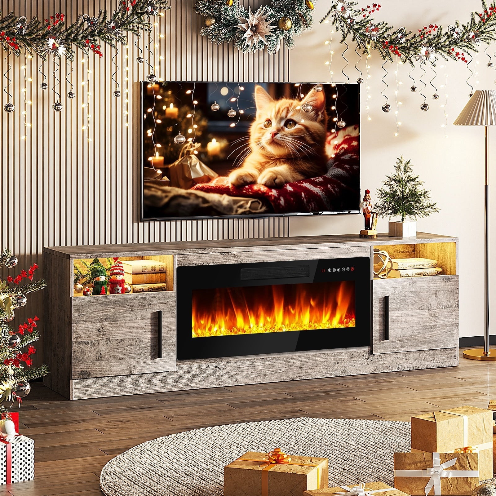 Meuble TV avec foyer électrique Bossin 70, foyer électrique de 36 pouces, meuble TV pour téléviseurs jusqu'à 80 pouces, éclairage LED à 16 couleurs/centre de divertissement