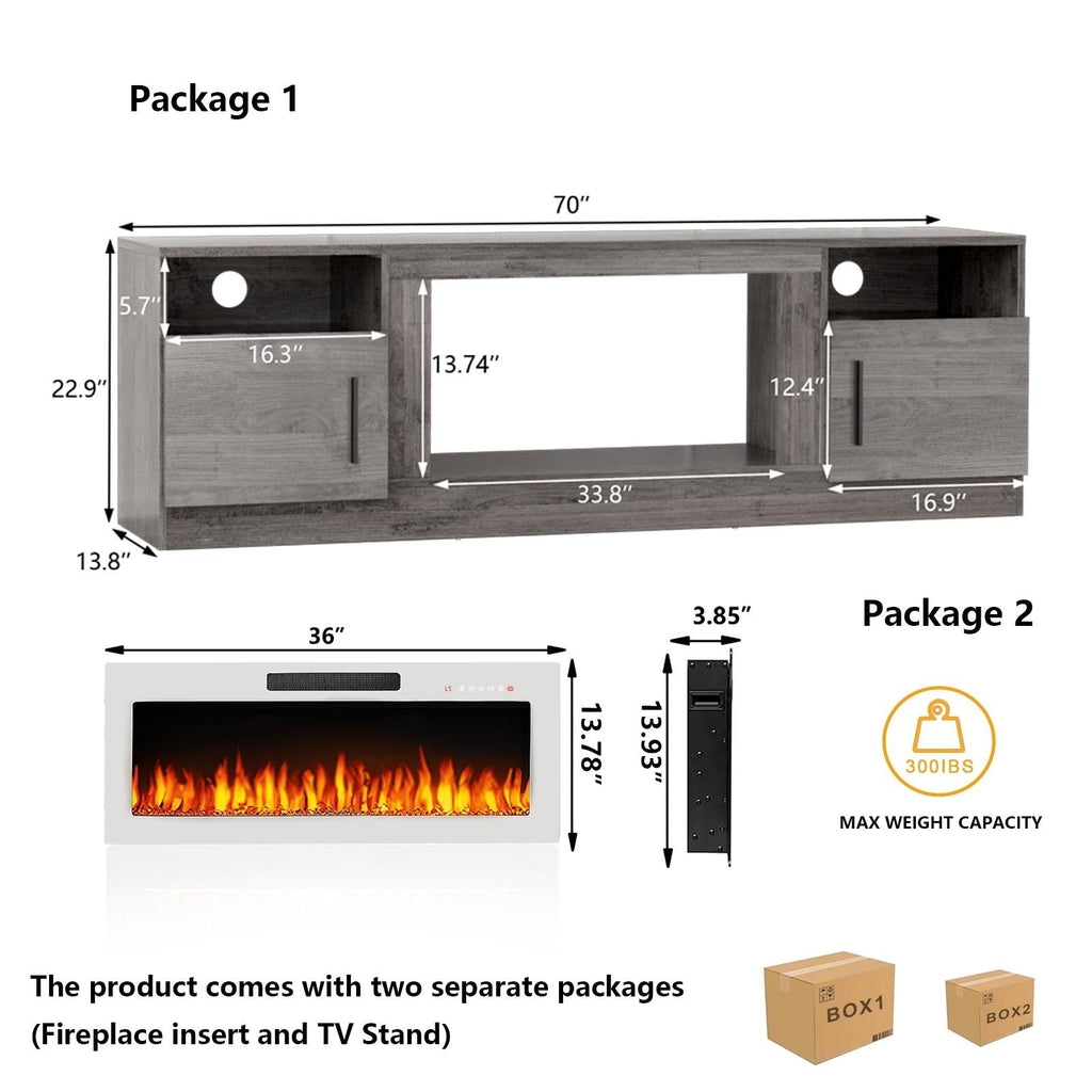 Meuble TV avec foyer électrique Bossin 70, foyer électrique de 36 pouces, meuble TV pour téléviseurs jusqu'à 80 pouces, éclairage LED à 16 couleurs/centre de divertissement