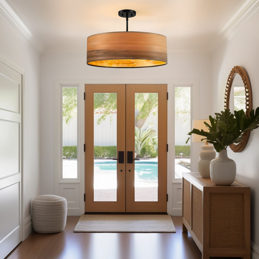 Breaux Lustre à tambour en placage de bois avec 4 lumières et auvent noir - 56 cm de largeur