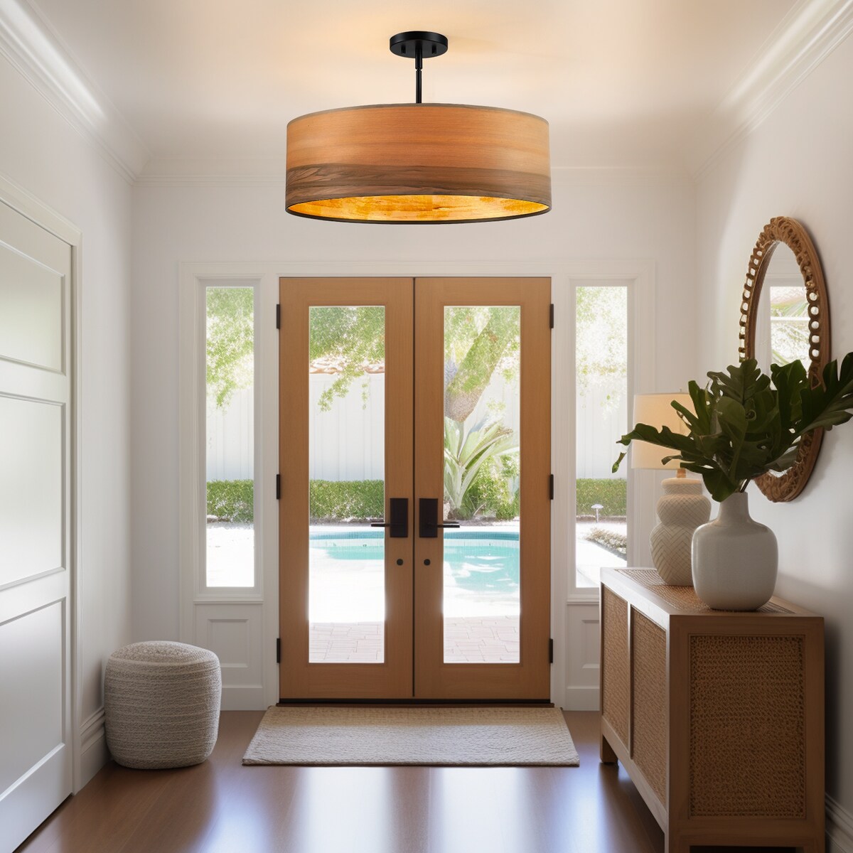 Breaux Lustre à tambour en placage de bois avec 4 lumières et auvent noir - 56 cm de largeur