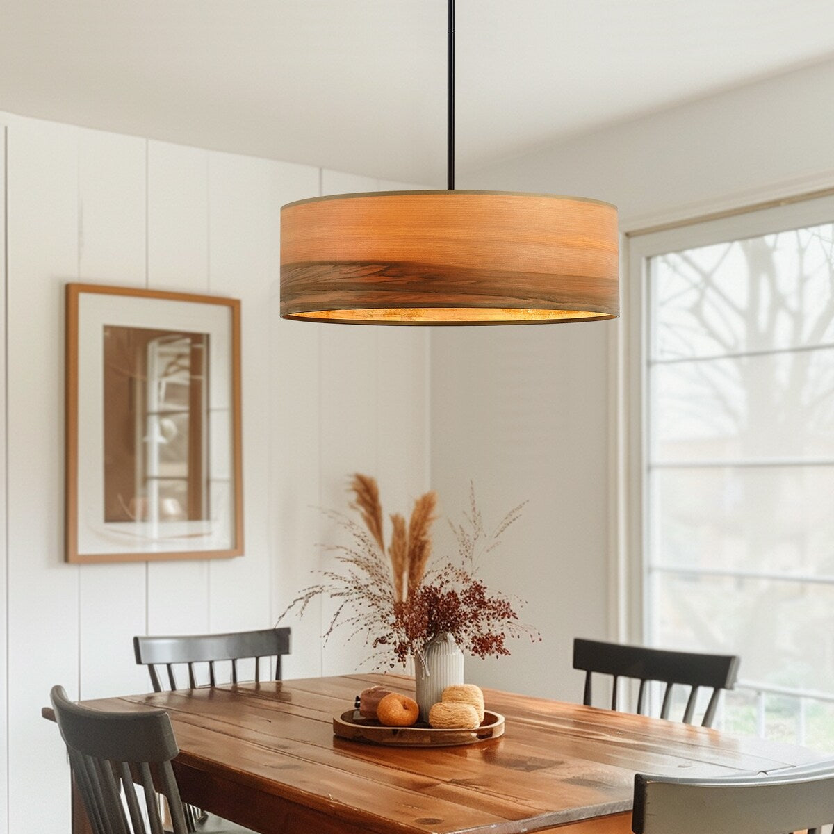 Breaux Lustre à tambour en placage de bois avec 4 lumières et auvent noir - 56 cm de largeur