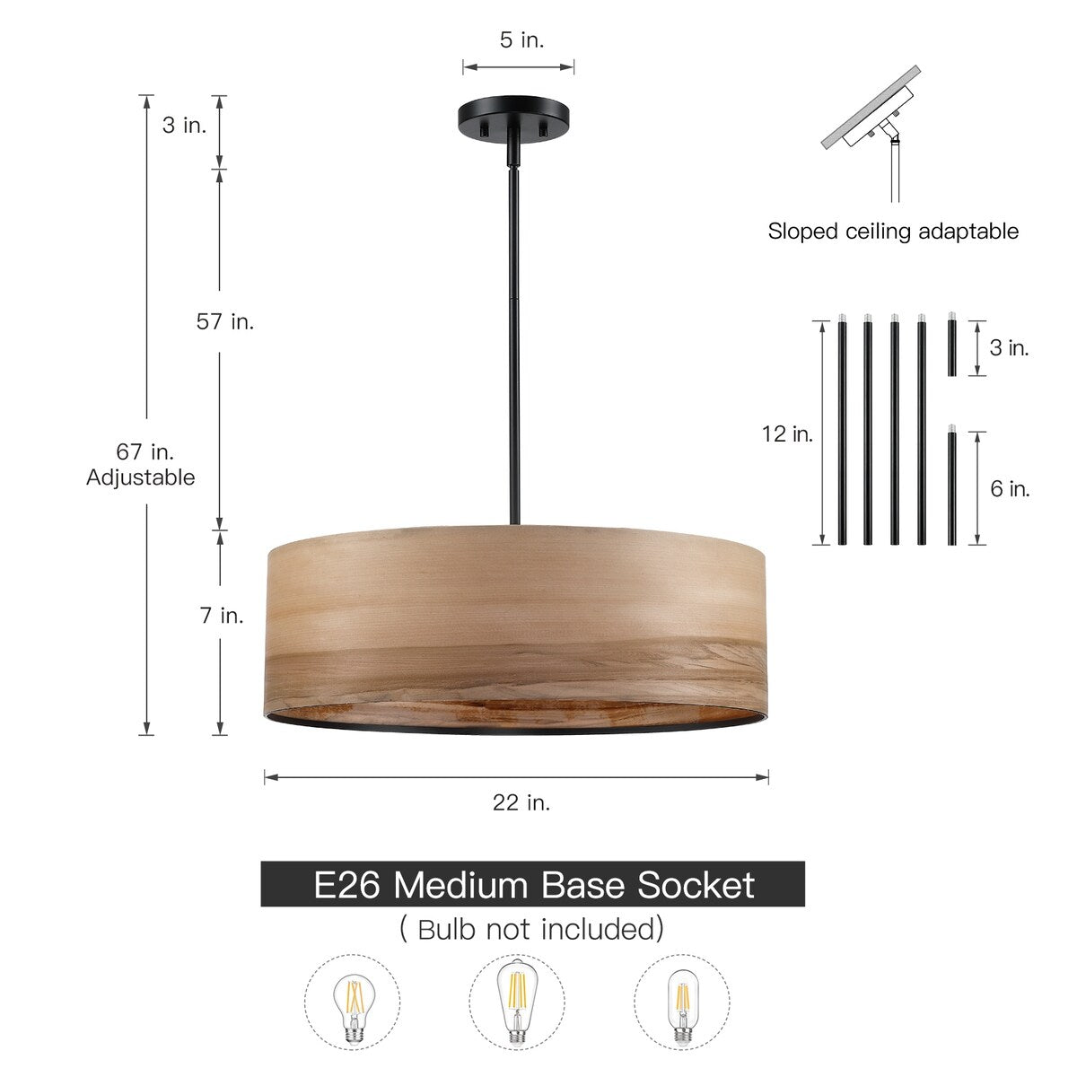 Breaux Lustre à tambour en placage de bois avec 4 lumières et auvent noir - 56 cm de largeur